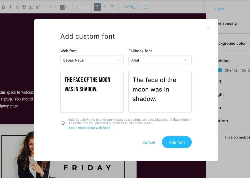 A really wide range of web fonts is available in GetResponse’s new email creator.