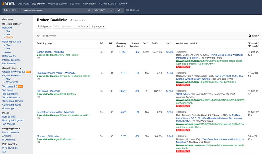 Finding broken backlinks in Ahrefs.