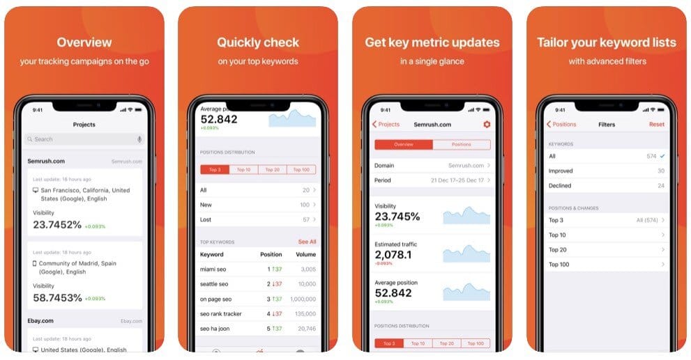 Semrush's mobile app for rank tracking.