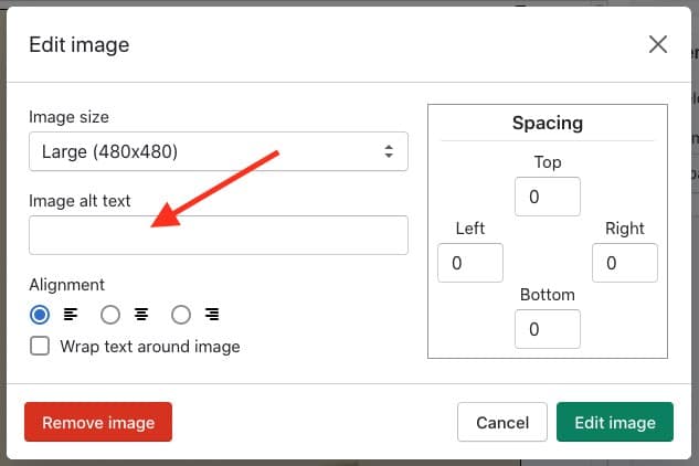 Editing alt text on a Shopify page.