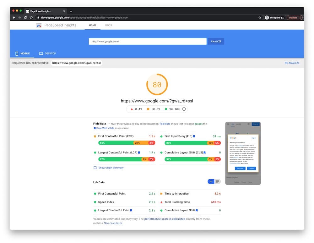 Google's PageSpeed Insights tool