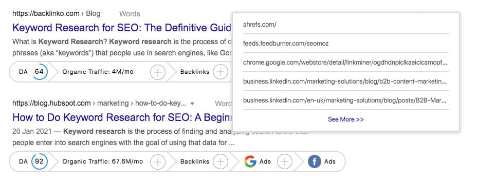 Viewing backlinks using GrowthBar's Chrome Extension.