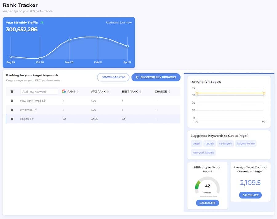 The 'rank tracker' section of GrowthBar