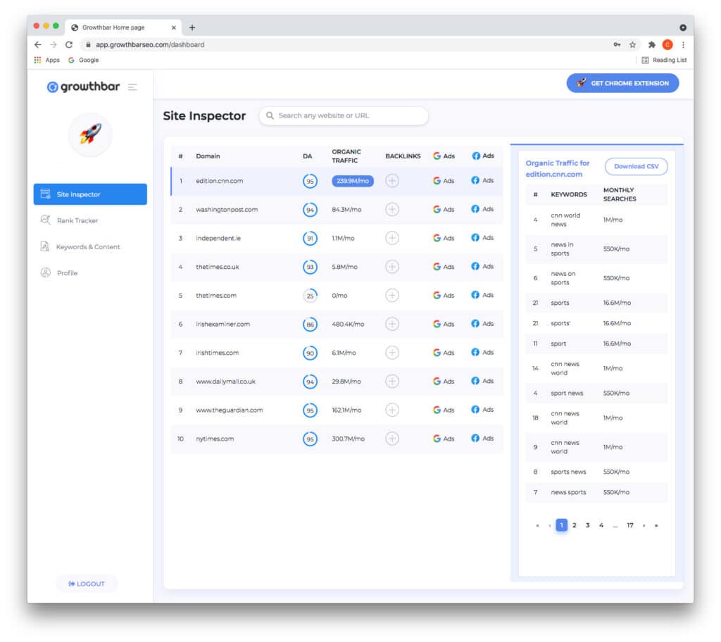 GrowthBar's site inspector feature