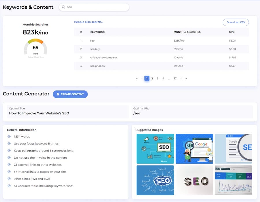 The 'Keywords and Content' feature in GrowthBar