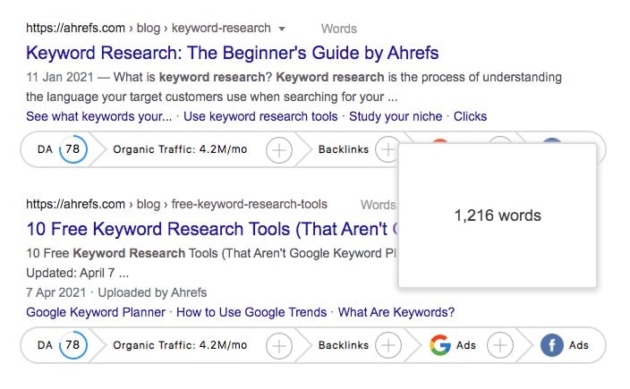 The ‘word count’ feature in GrowthBar