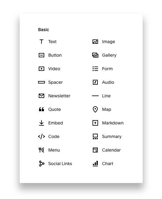 The selection of Squarespace content blocks