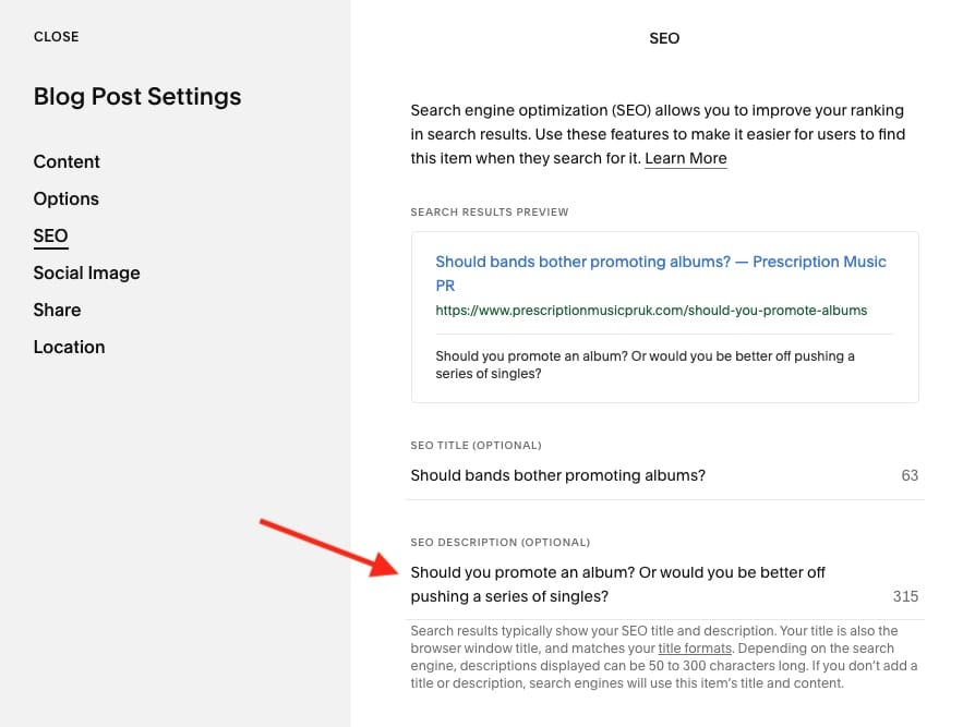 Adding a meta description to a blog post in Squarespace