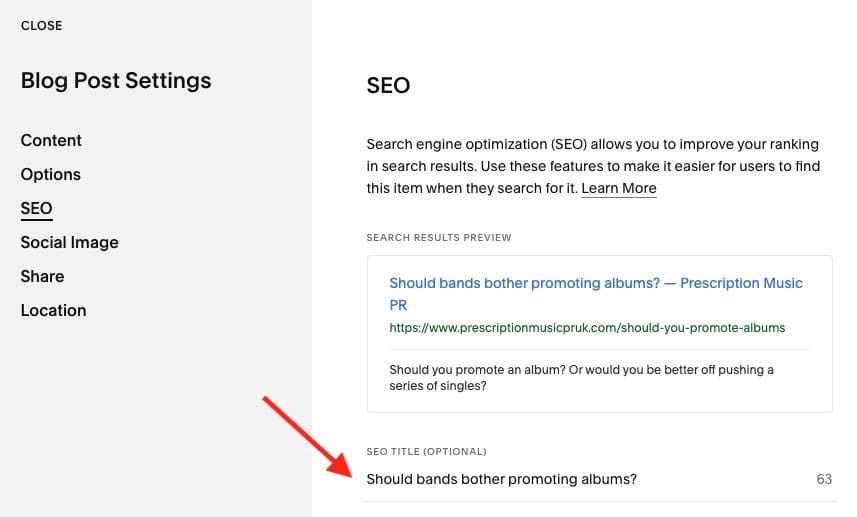Editing a blog post's title tag in Squarespace