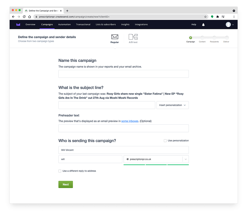 The Campaign Monitor interface