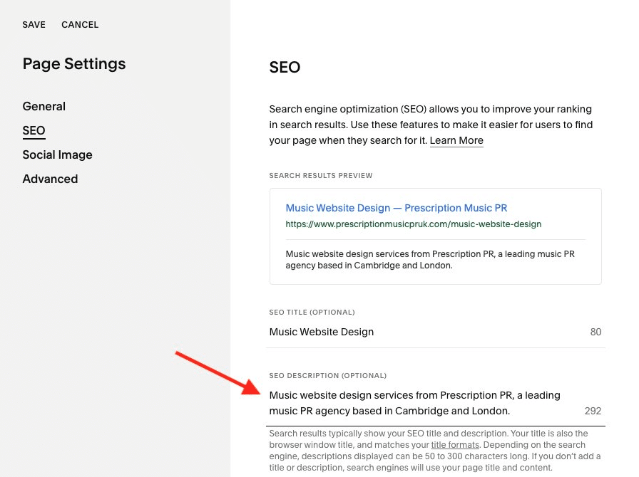 Adding a meta description to a static page in Squarespace
