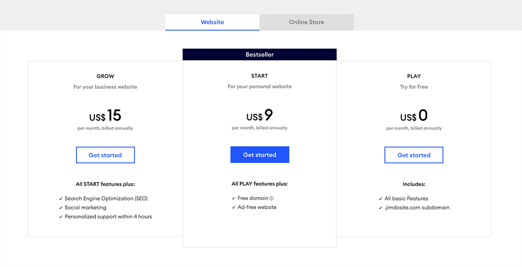 Jimdo pricing for the 'website plans'