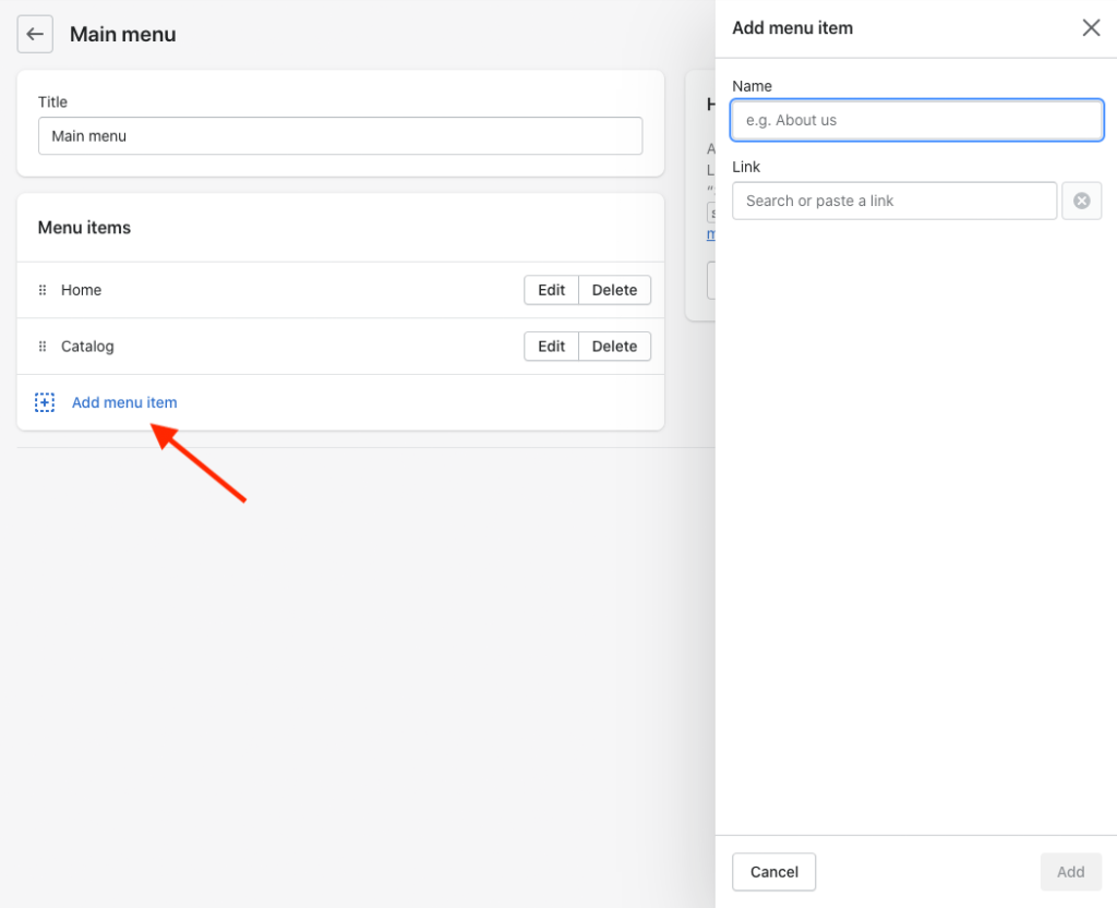 Adding items to the main menu in Shopify.