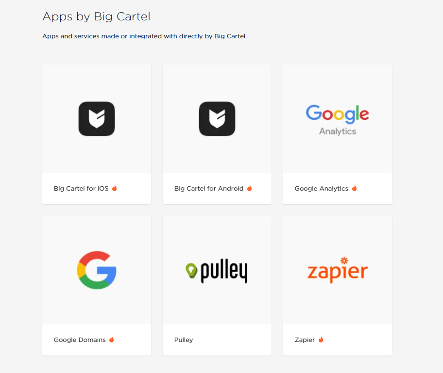 Some of the apps available for Big Cartel