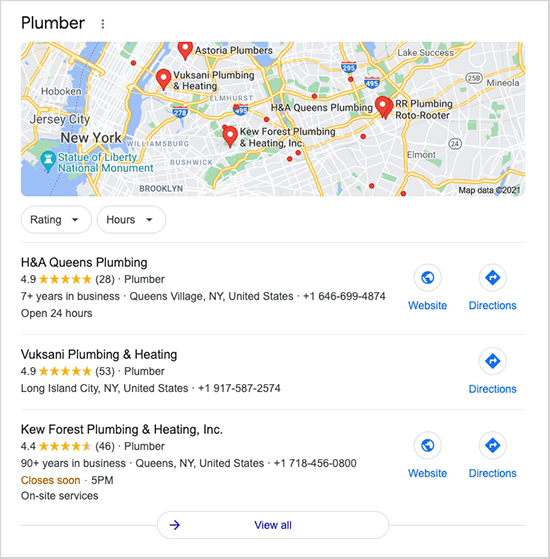 Google Maps results