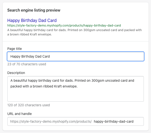 SEO settings for Shopify products