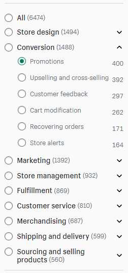 Using filters to search for apps in the Shopify app store