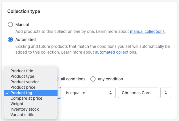 Options for creating automated collections in Shopify