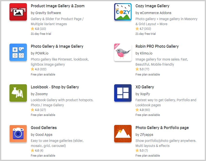 Gallery apps in the Shopify app store