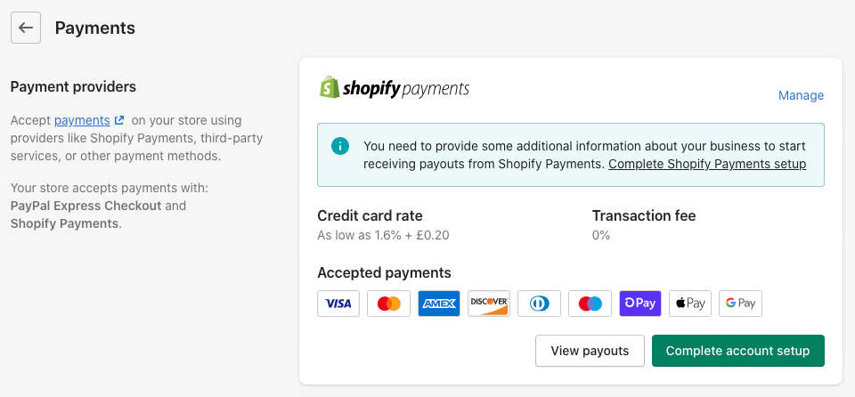 Setting up Shopify Payments