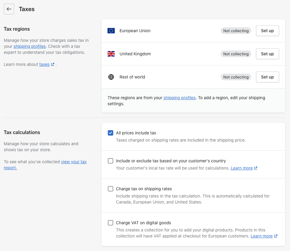 Taxes settings