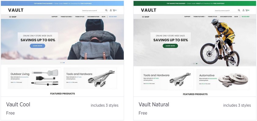 Examples of the 'Vault' BigCommerce themes.