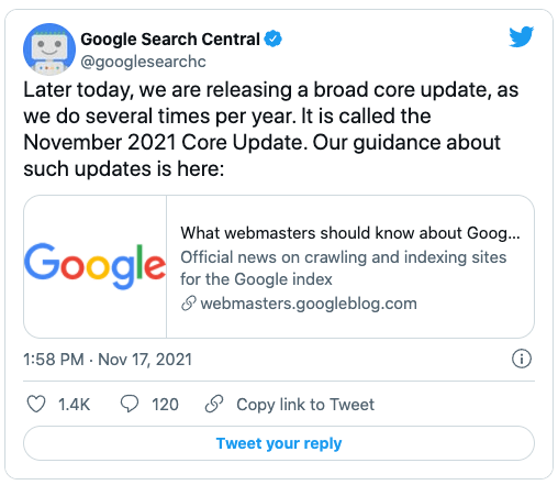 November 2021 Google Core Update announcement via Twitter