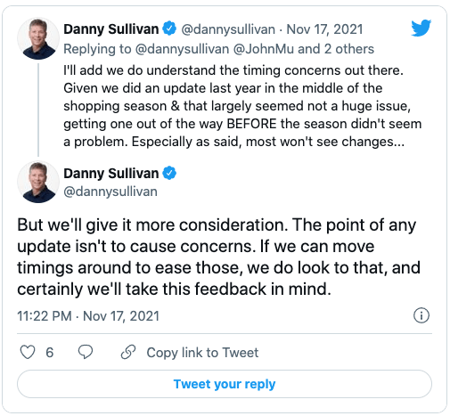 Danny Sullivan's comments on Twitter about the timing of the November 2021 Core Update