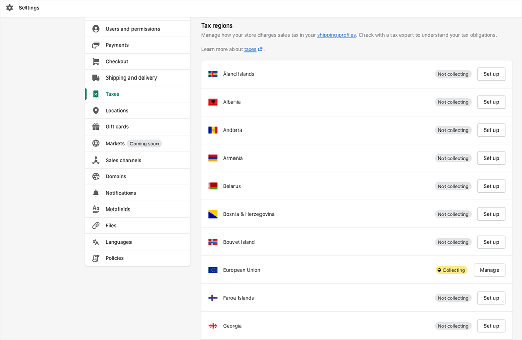 Shopify tax settings