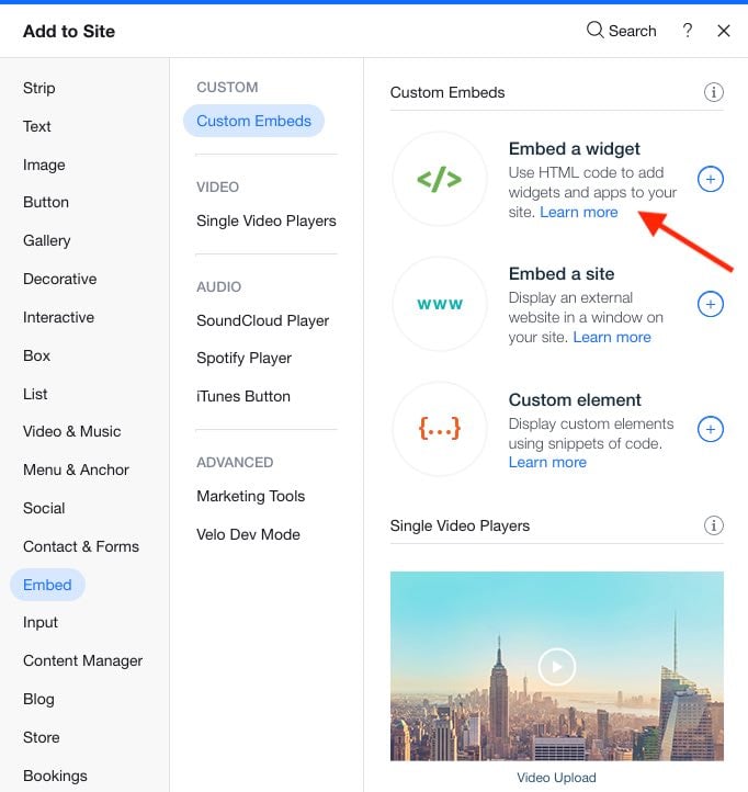 Using Wix's 'Embed' option to add HTML widgets to a website