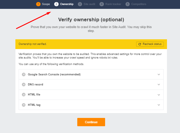 Domain verification in Ahrefs