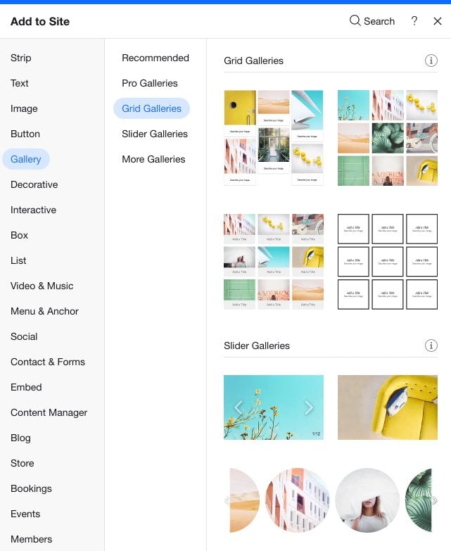 Choosing a gallery style in Wix