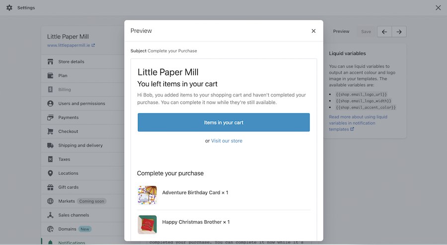 Configuring abandoned cart emails in Shopify