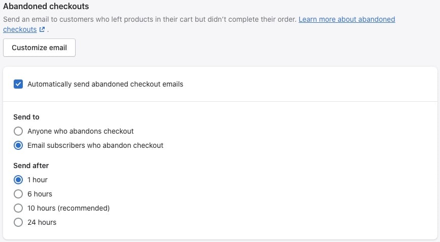 Setting up abandoned cart recovery in Shopify