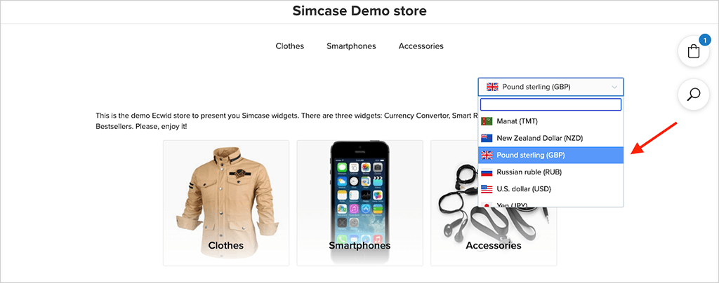 The ‘Currency Converter’ app in use on an Ecwid store.