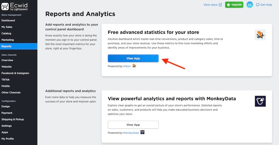 Reporting in Ecwid involves the addition of third-party apps