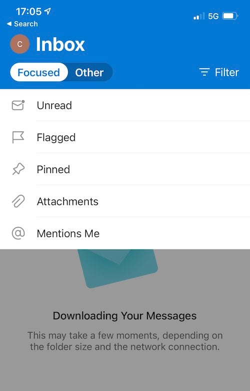 The Outlook mobile app gives you filters, but no sorting features