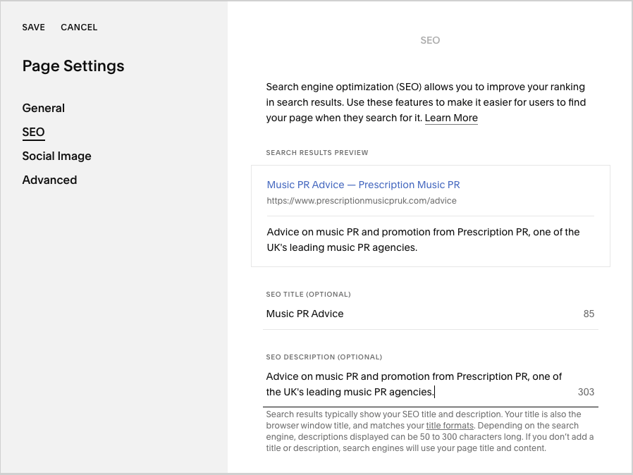 Editing SEO settings in Squarespace