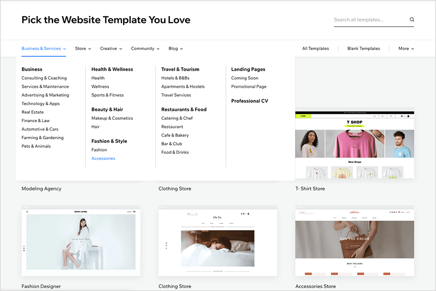 The template selection process in Wix
