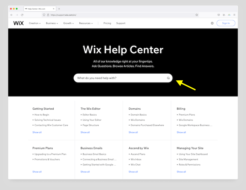 Accessing the Wix help center