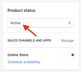 Activating a product using the 'product status' dropdown menu.