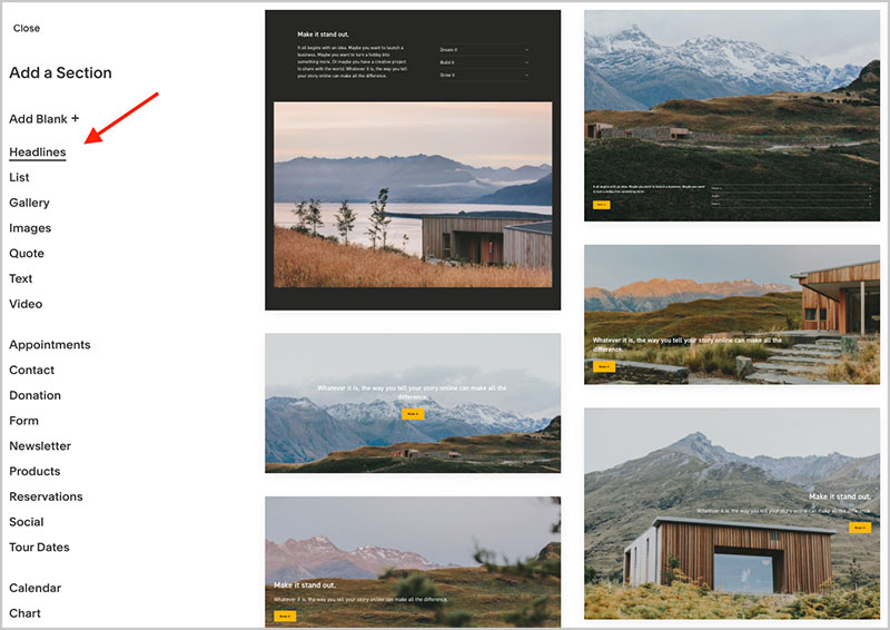 Adding content sections in Squarespace.