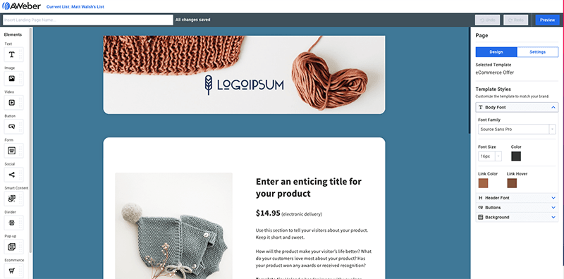 AWeber's landing page creator