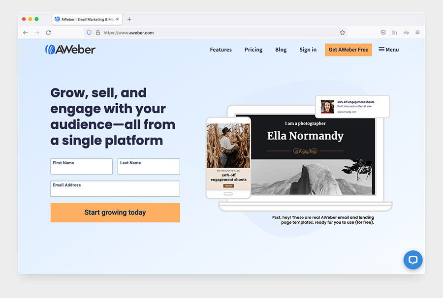 The AWeber platform (home page)