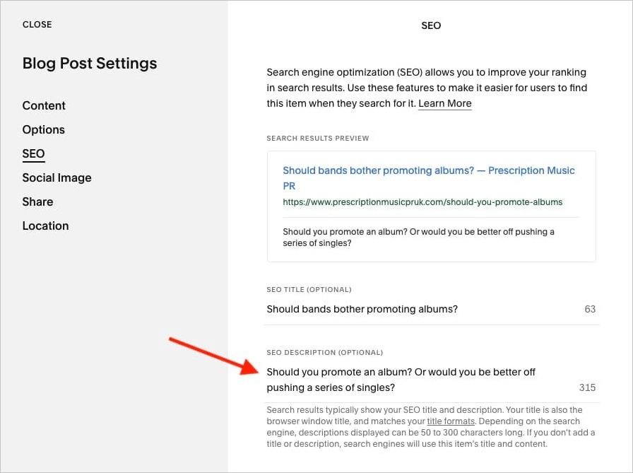 Adding a meta description to a blog post in Squarespace