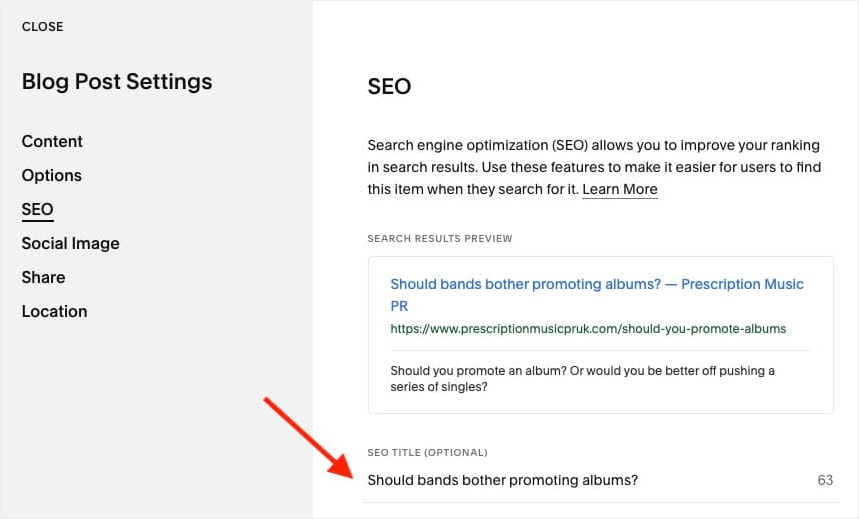 Adding an SEO title to a Squarespace blog post
