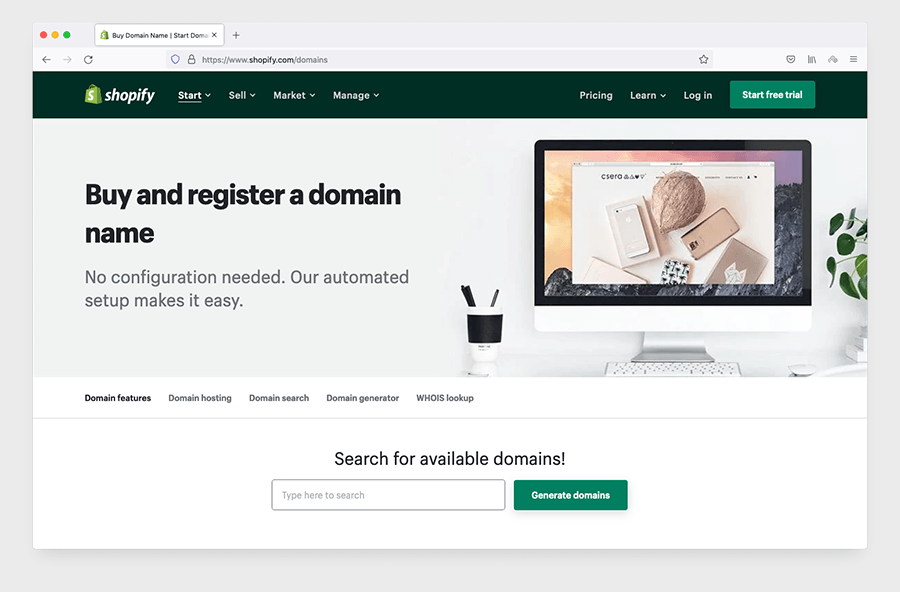 Buying a custom domain on the Shopify website