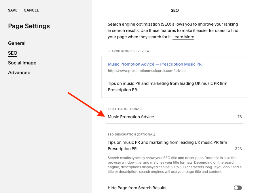 Editing page title SEO in Squarespace