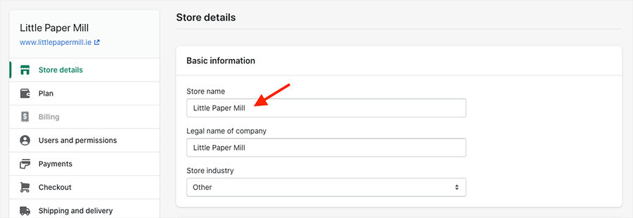 Changing your store name in Shopify settings