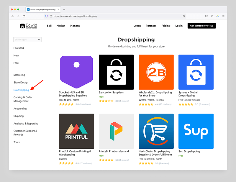 The dropshipping apps currently available in Ecwid's app market